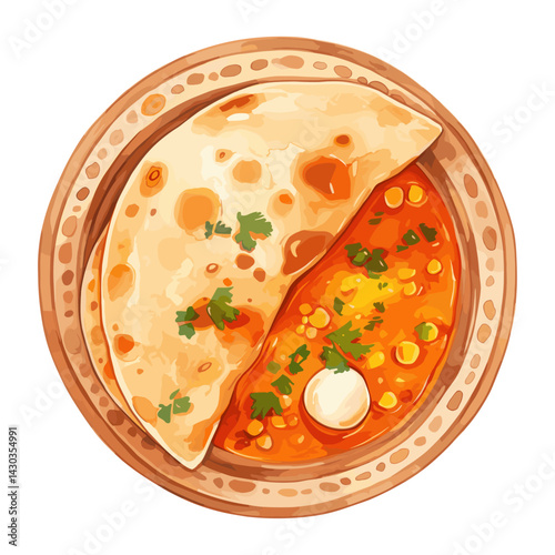 Roti with curry on plate illustration watercolor bread vector