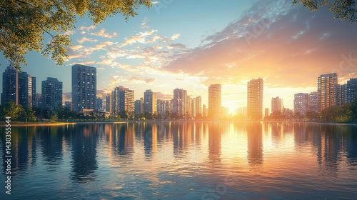 City skyline at sunset reflecting on a serene lake, creating a tranquil atmosphere.