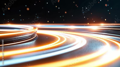 Futuristic sci-fi scene featuring spinning glowing energy rings on a dark metallic surface. Vivid orange and blue neon lights create a high-tech atmosphere with scattered sparkles in the background.