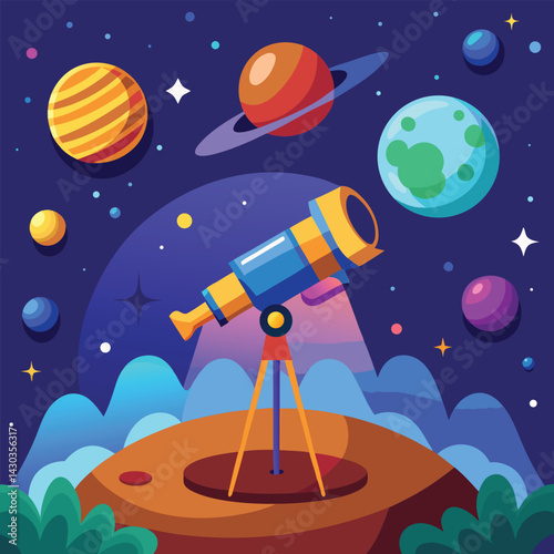 A telescope points toward a vibrant night sky filled with planets