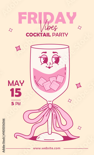 Groovy Glass Cocktail Character with Coquette Pink Bow and ice cubes. Romantic Vintage Aesthetic Drink. Trendy retro Friday party invitation poster flyer with alcoholic beverage. Vector illustration