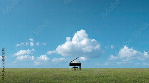 Blue sky, white clouds, and green grass background with a piano in the center