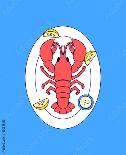 Illustration of a bright red lobster served on a white plate, surrounded by lemon wedges and a small dish of sauce Cartoon Vector Hand drawn