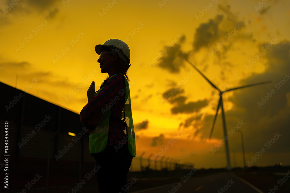custom made wallpaper toronto digitalAn Asian female engineer represents the next generation of thinkers in the wind energy industry, where innovation meets sustainable business growth. She stands sideways in a beautiful silhouette shot.