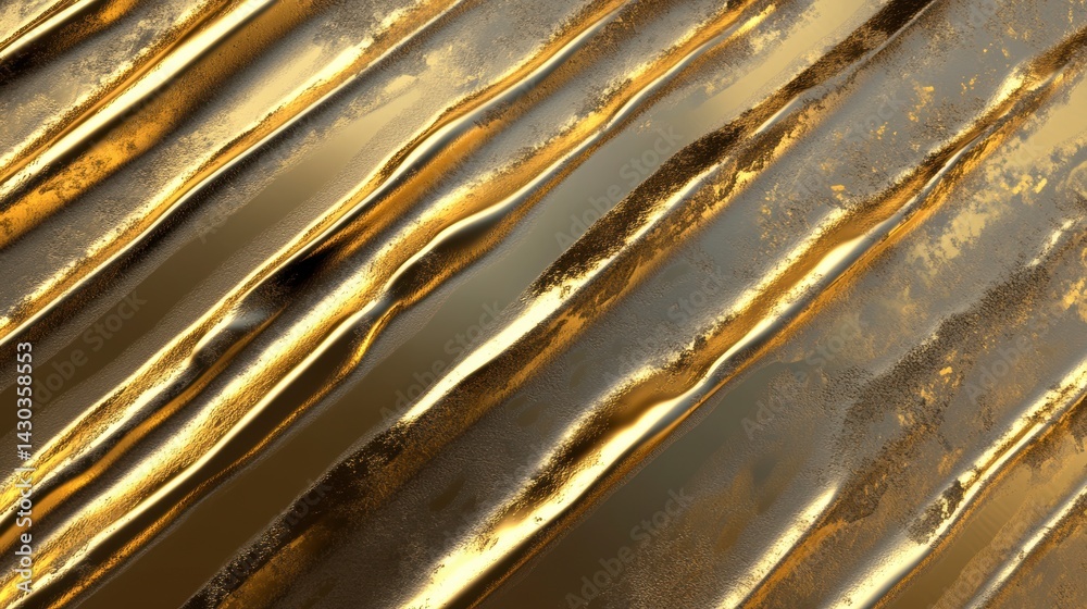 Abstract gold metallic texture with diagonal lines and wavy surface.