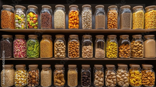 Wallpaper Mural A collection of glass jars filled with various types of food, arranged neatly on wooden shelves. Torontodigital.ca