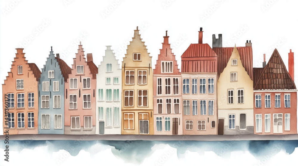 Naklejka premium Bruges Old Town. Bruges Old Town hand drawn watercolor illustration
