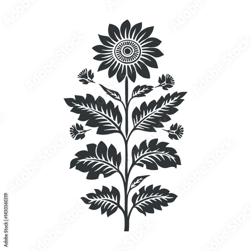 Vector linocut floral poster template. Modern trendy minimal style. Black and white colors. Botanical blockprint. Folk art design for wallpaper, wall decor, print, postcard, cover, template.