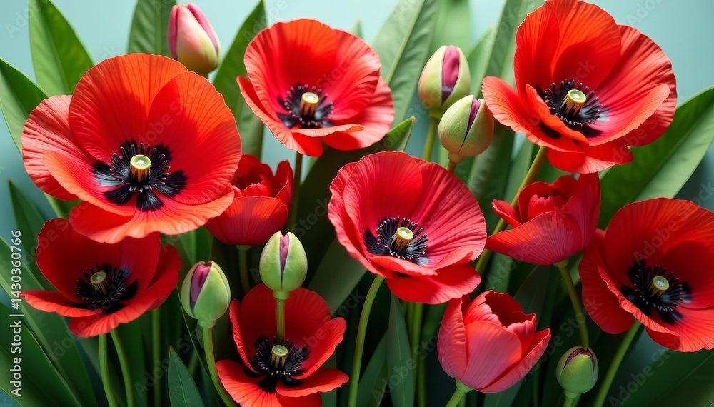 Obraz premium A vibrant arrangement of red poppies and green leaves, perfect for spring decor, red, flower