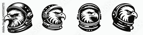 Bald Eagle head with astronaut helmet. Space suit universe galaxy cartoon clipart. Avian icon cosmic dome patriotic bird journey attire.