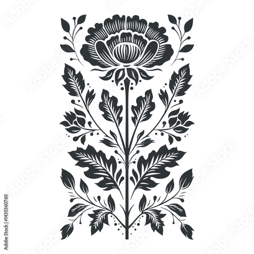 Vector linocut floral poster template. Modern trendy minimal style. Black and white colors. Botanical blockprint. Folk art design for wallpaper, wall decor, print, postcard, cover, template.