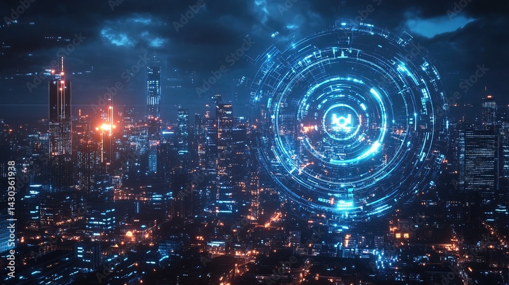 Obraz premium Futuristic Cityscape with Digital Overlay
