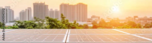 Peak Energy Solutions with Advanced Battery Storage Technology, A modern city skyline at sunset with solar panels in the foreground, emphasizing sustainability.