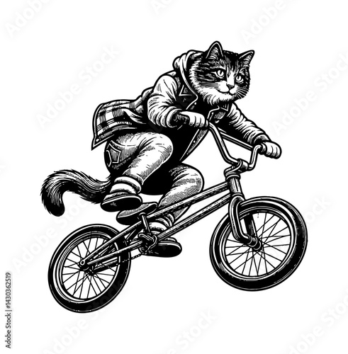 Cartoon cat doing BMX stunt, wearing streetwear, action sports for youth in cheerful mood.