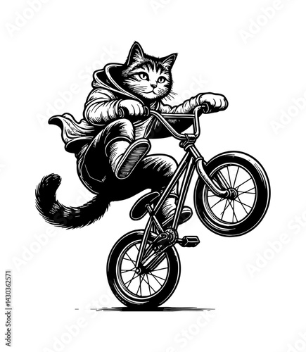 Cat does a BMX stunt in streetwear style action sports for youth urban style