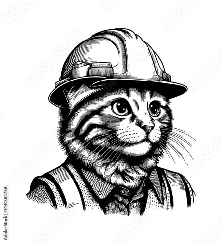 Cute Cat Construction Worker Wearing Hardhat at Construction Site Illustration