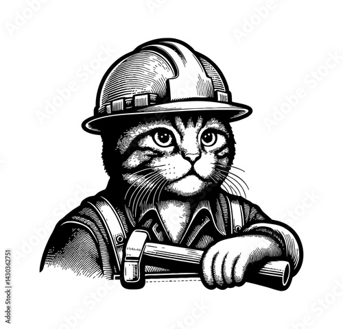 Cute Cat Wearing Hardhat on Construction Site Working as Builder with Cheerful Expression