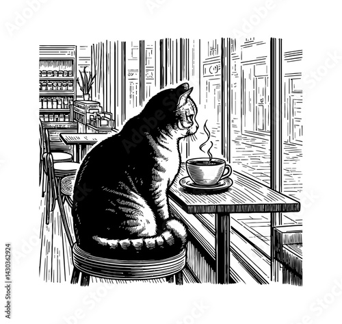 Cat enjoying coffee in cafe corner, gazing out window with contemplative mood in cafe setting