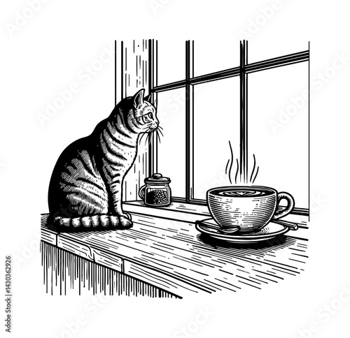Cat drinking coffee in cafe corner looking at window with warm light illustration