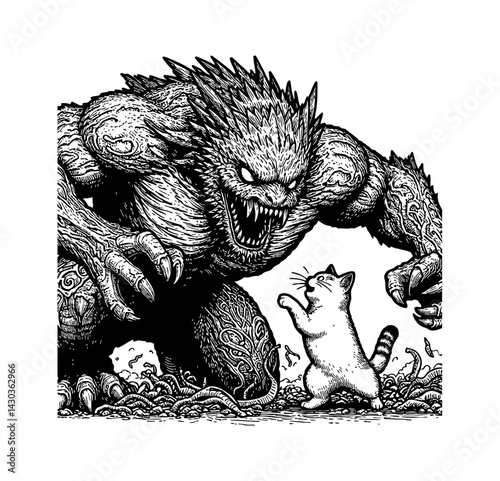 Epic cat battles a giant monster, fantasy action hero combat scene