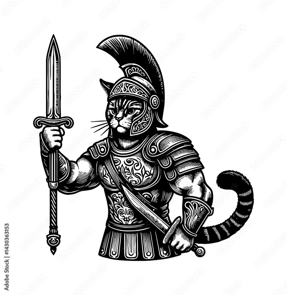 Obraz premium Cat warrior in gladiator armor ready to battle in ancient Rome arena illustration