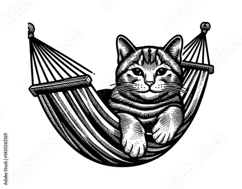 Cat relaxing in a hammock outdoors during summer, enjoying leisure time in nature