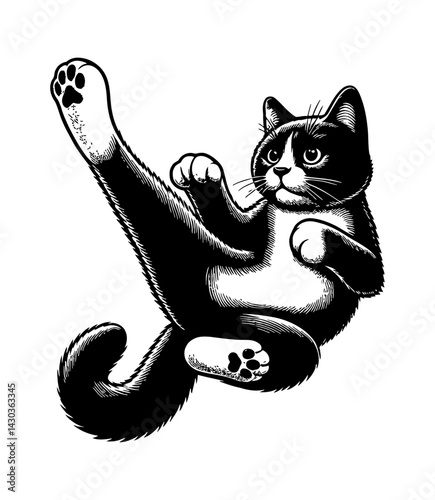 Cat Performing Flying Kick Mid-Air with Intense Expression and Strong Energy