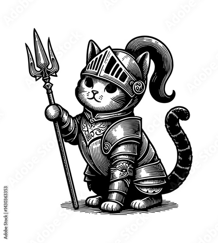 Cat knight in armor holding sword ready for battle in a medieval fantasy setting illustration