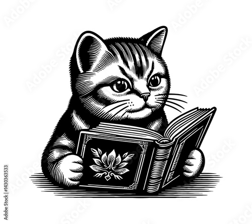 Cute cat reading book with glasses, enjoying literature and knowledge in relaxation