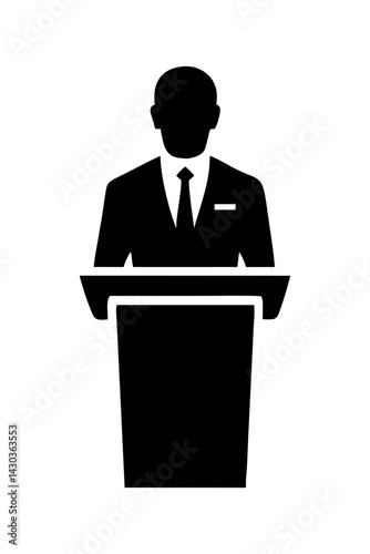 A person depicted as a silhouette stands behind a podium
