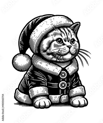 Cat wearing Santa Claus costume for Christmas holiday festive red suit