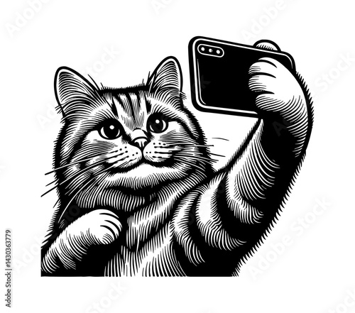 Funny cat taking selfie with smartphone, posing for social media, fun and friendship