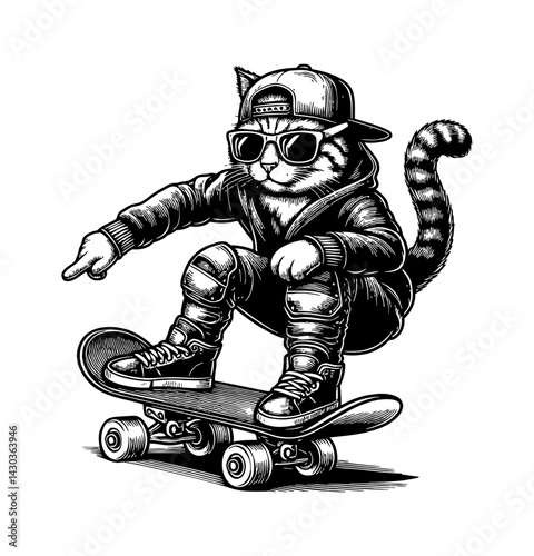 Cat doing skateboard trick in streetwear, freestyle in urban style, youth