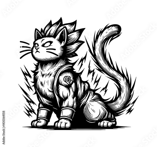 Cat Doing Karate Moves with Determined Expression in Martial Art Pose Illustration