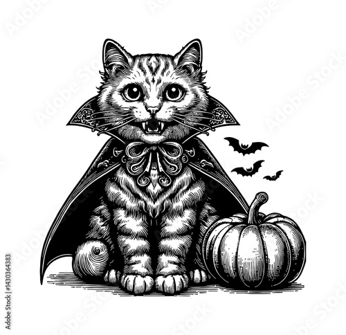 Cute cat wearing vampire costume for Halloween party and gothic theme