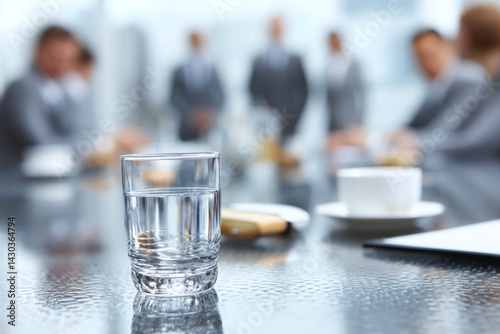Glass of water on modern conference table in meeting room