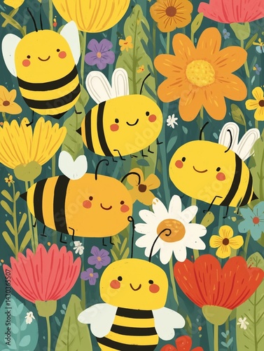 Sweet pollinators: charming, stylized depiction of friendly bees among vibrant blooms, perfect for nature, ecology, and World Bee Day concepts.