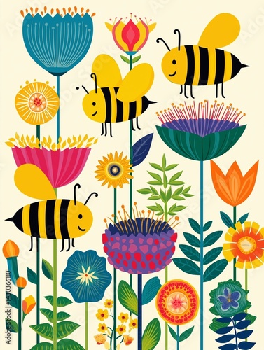 Sweet pollinators: charming, stylized depiction of friendly bees among vibrant blooms, perfect for nature, ecology, and World Bee Day concepts.