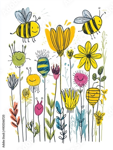 Sweet pollinators: charming, stylized depiction of friendly bees among vibrant blooms, perfect for nature, ecology, and World Bee Day concepts.