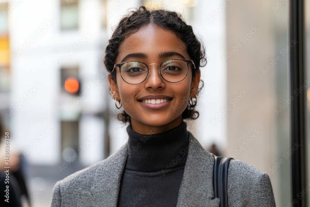 A stylish and trendy professional executive is depicted as a pretty woman wearing a business suit, carrying a bag, and sporting glasses A stylish and trendy professional executive is depicted as a pretty woman wearing a business suit, carrying a bag, and sporting glasses