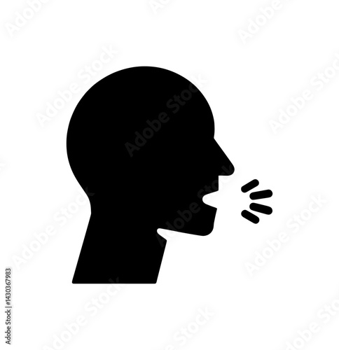 Black silhouette of a head in profile with sound waves radiating from the mouth to the right