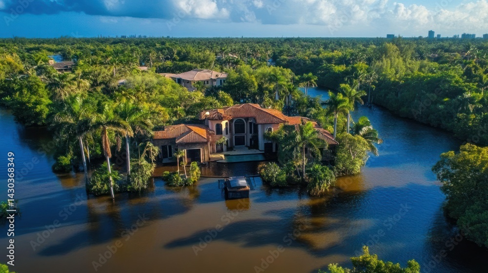 Opulent riverfront property nestled amongst tropical greenery and winding waterways