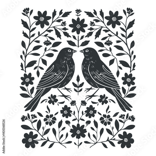 Vector linocut poster template with birds. Modern symmetry minimal style. Black and white colors. Botanical blockprint. Design for wallpaper, wall decor, print, postcard, cover, template.