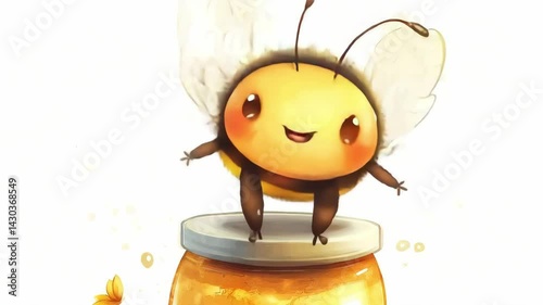 Adorable cartoon bee sitting on a honey jar with a cheerful expression, designed in a cute and colorful watercolor style. Perfect for children's content, stickers, or product packaging