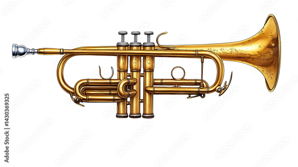 Obraz premium Yellow trumpet musical instrument, vector style, isolated on white background