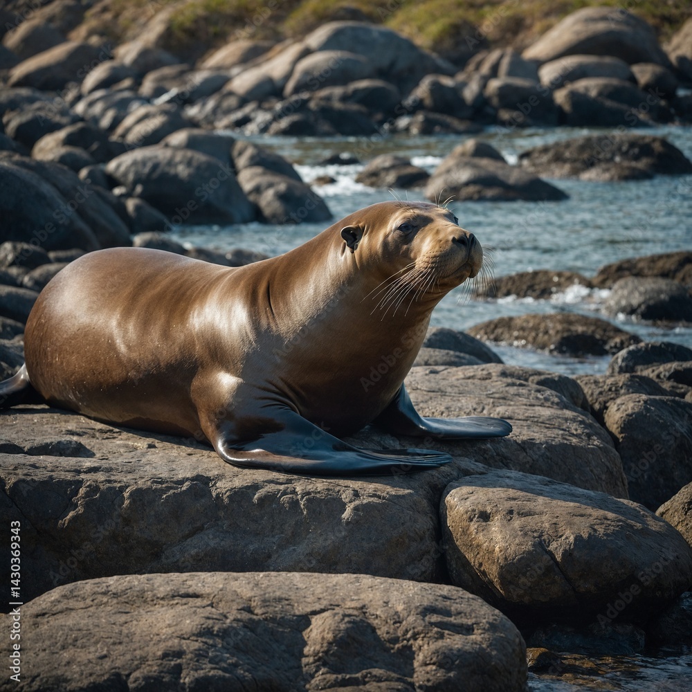 Fototapeta premium Sea Lion Lounging on a Rocky Shoreline