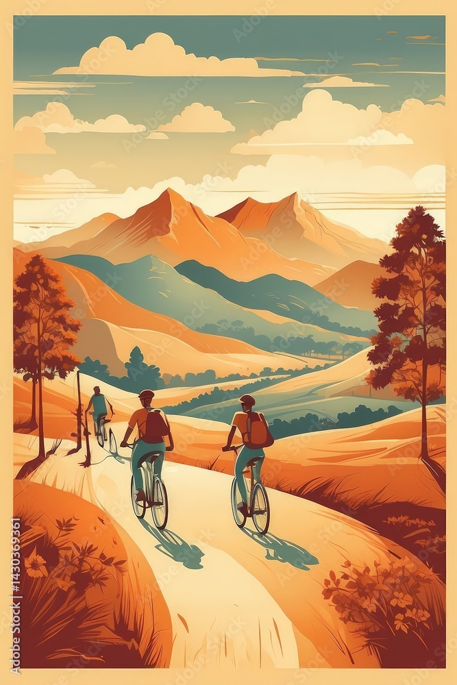 Retro vintage poster style illustration of people riding bicycles to celebrate World Bicycle Day.