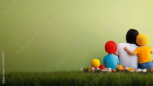 Mother and two kids sit together on grass facing away in a loving scene