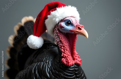 Funny turkey in red Santa Claus hat on grey background