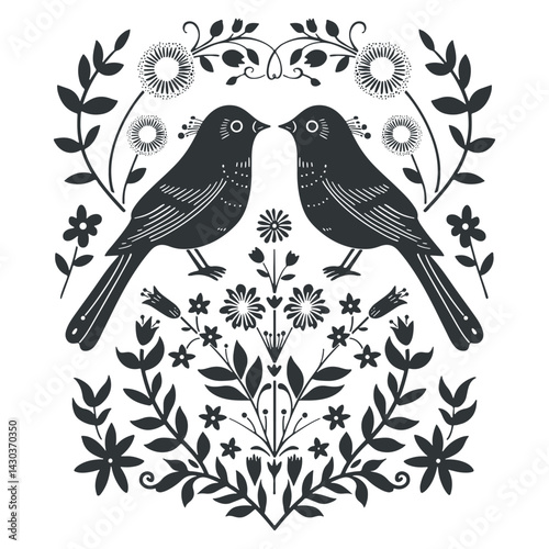 Vector linocut poster template with birds. Modern symmetry minimal style. Black and white colors. Botanical blockprint. Design for wallpaper, wall decor, print, postcard, cover, template.